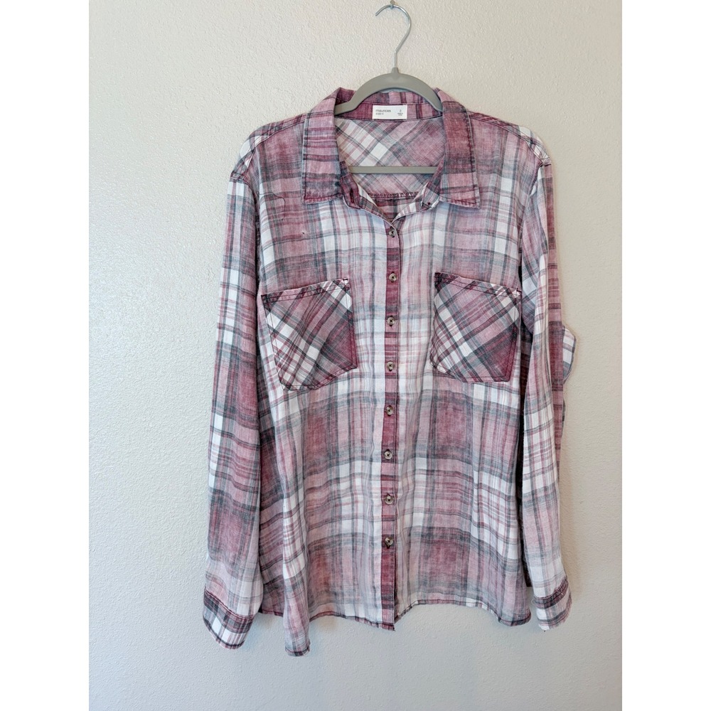 Maurice's Womens Plaid Button Down Shirt Burgundy Pink Long Sleeve Size XL